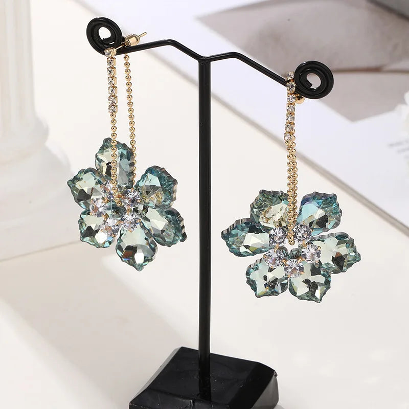 2025 New Colorful Purple Crystal Flower Dangle Drop Earrings for Women Trend Korea Fashion Luxury Wedding Party Banquet Jewelry Vera Lux