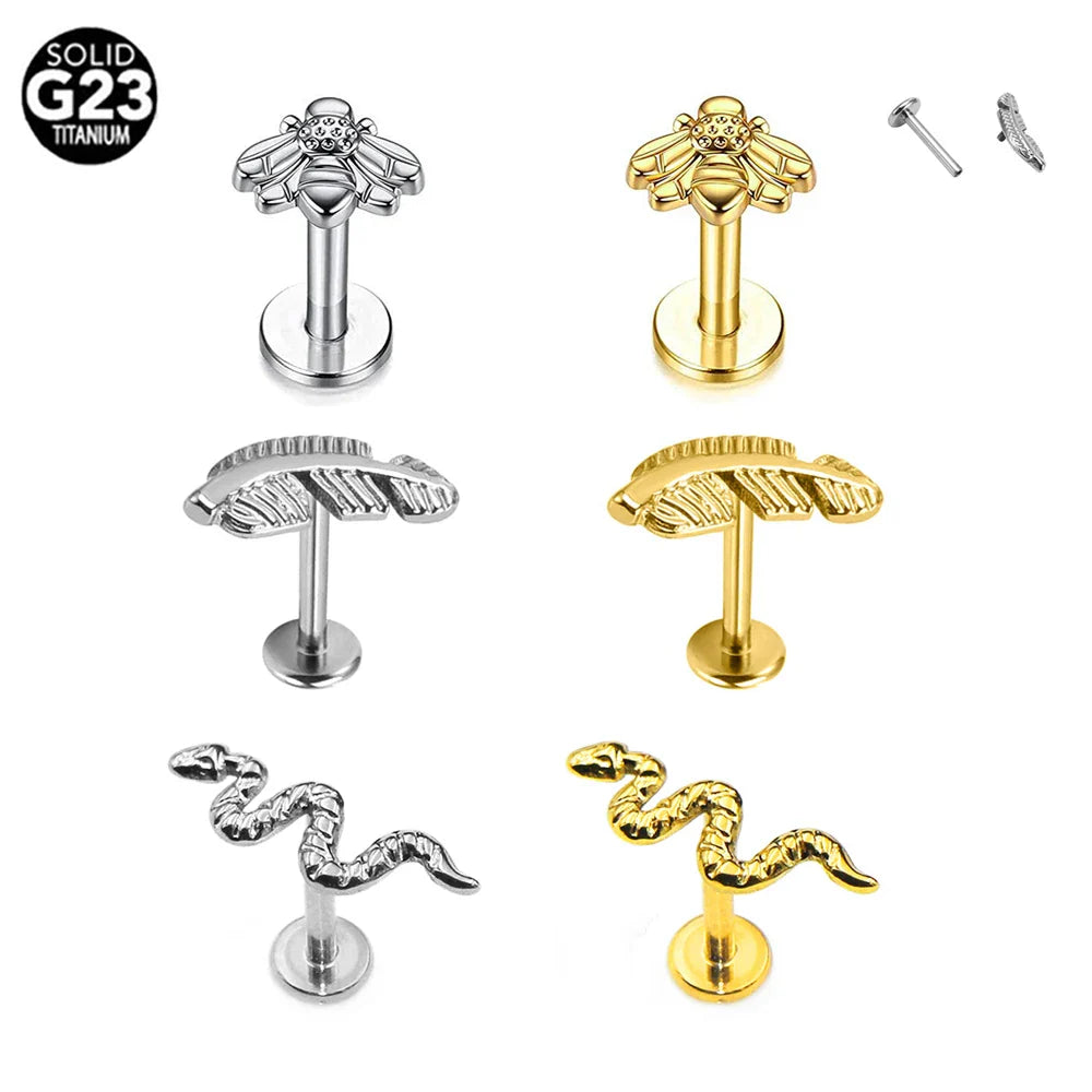G23 Titanium Snake Bee Feather Labret Piercing 16G Internal Thread Earring Stud Cartilage Helix Body Jewelry Vera Lux