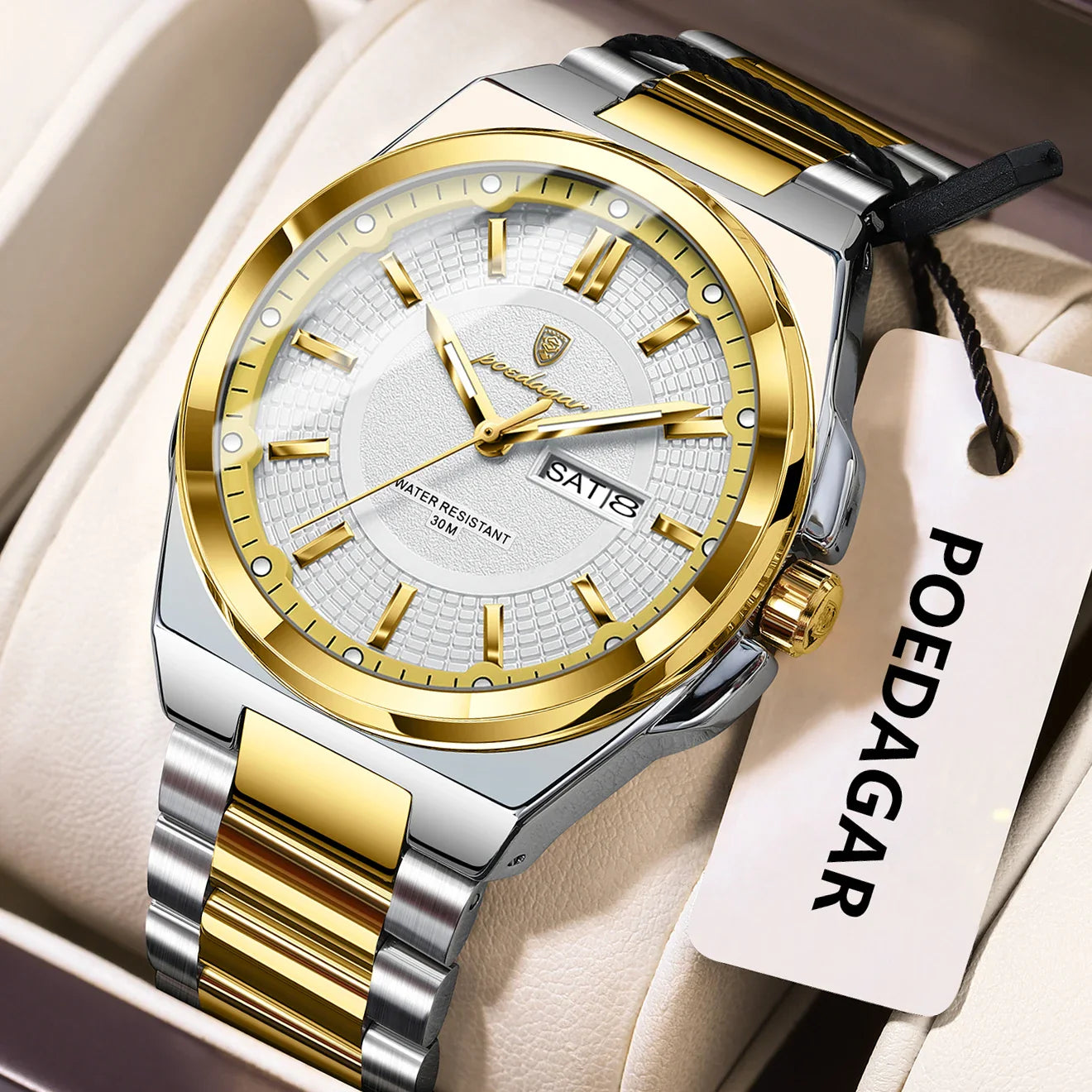 POEDAGAR Top Original Men's Watches Stainless Steel Waterproof Luminous Man Watch Date Week Classic Trendy Quartz Men Wristwatch Vera Lux