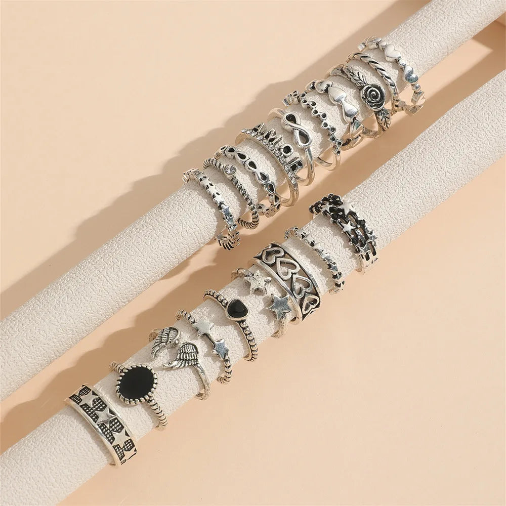 19 PCS Retro Punk Finger Ring Set For Women Vintage Heart Wing Star Gothic Ring Female Fashion Jewelry Accessories Vera Lux