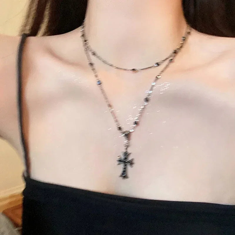 Summer Black Rhinestone Cross Jesus Pendant Choker Necklace for Women Punk Vintage Double Layers Chain 2024 Neck Boho Jewelry Femstylo