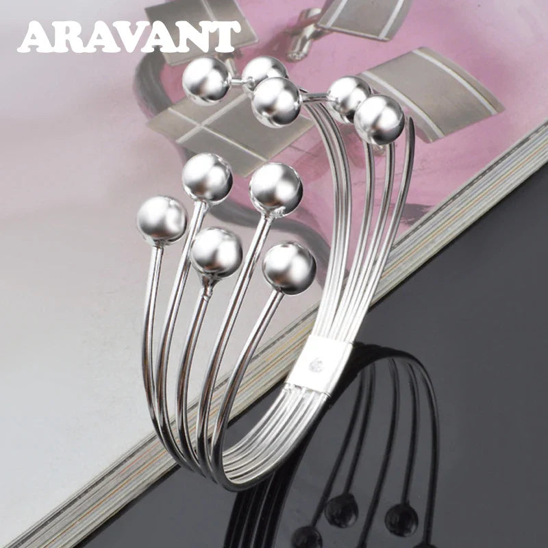 Aravant 925 Silver Multi Line Bead Open Bracelet Bangles For Women Wedding Jewelry Gifts Vera Lux