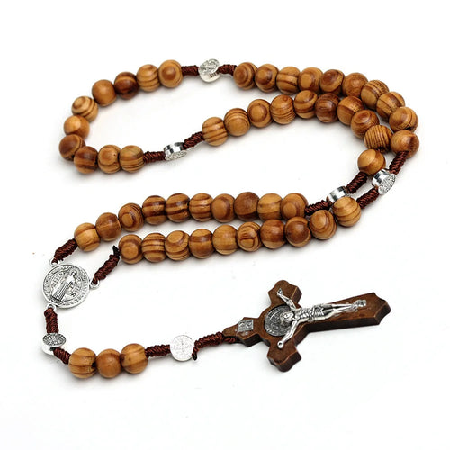 10MM Wood Beads Rosary Cross Necklace For Women Men Christian Virgin Mary INRI Pendant Chain Fashion Religion Jewelry Vera Lux