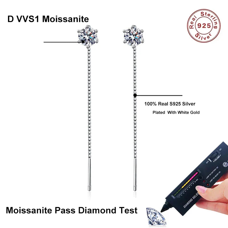 NeeTim 1CT Moissanite Earrings S925 Sterling Silver Plated with White Gold Ear Wire Line Drop Earring Hoop Wedding Fine Jewelry Vera Lux