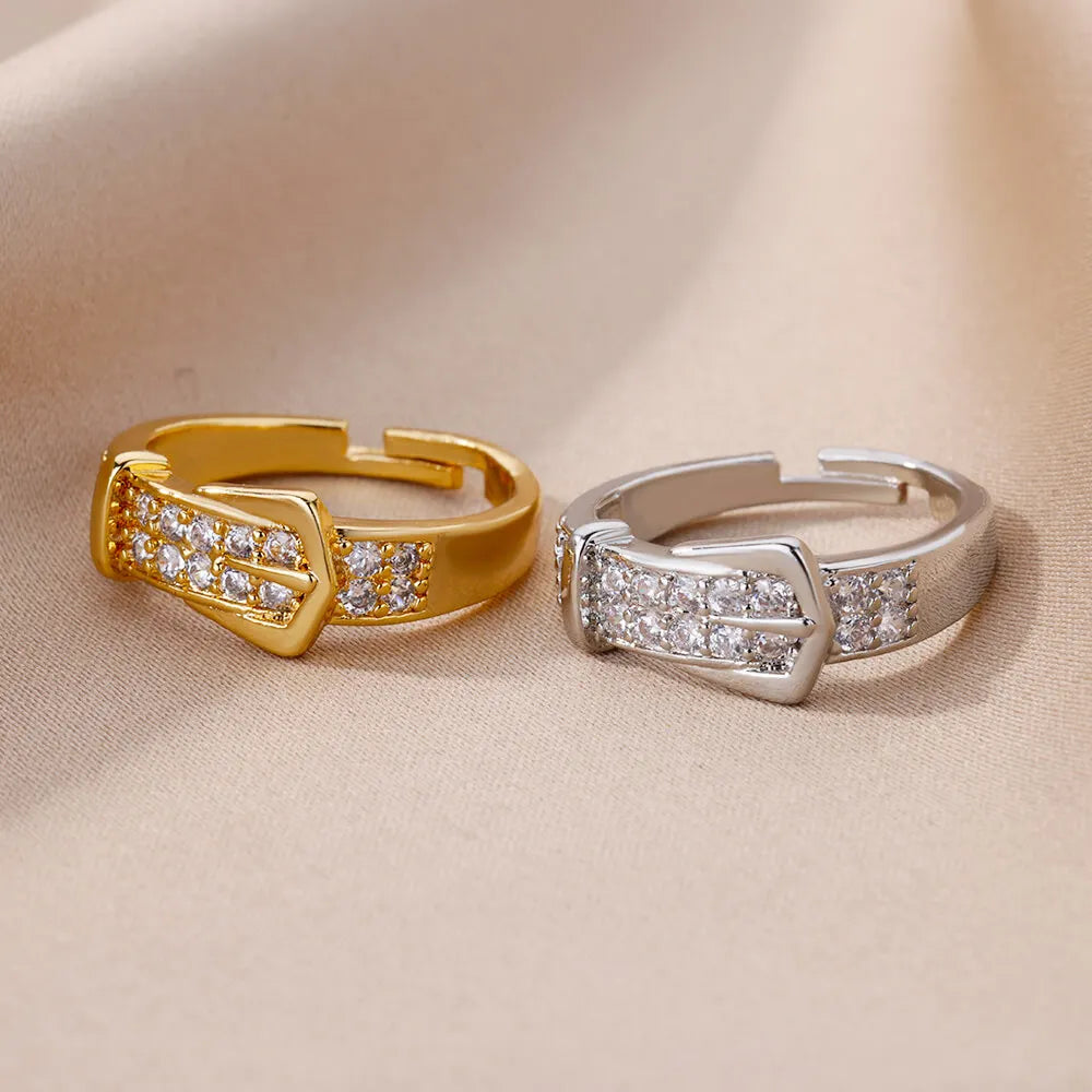 Stainless Steel Belt Rings For Women Zircon Adjustable Belt Finger Ring Femme Geometric Wedding Aesthetic Jewerly Gift anillos Vera Lux
