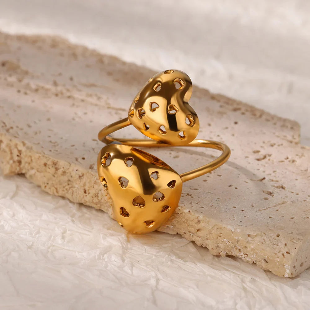Double Heart Rings For Women Gold Color Stainless Steel Open Adjustable Ring Female Fashion Party Wedding Aesthetic Jewelry Gift Vera Lux