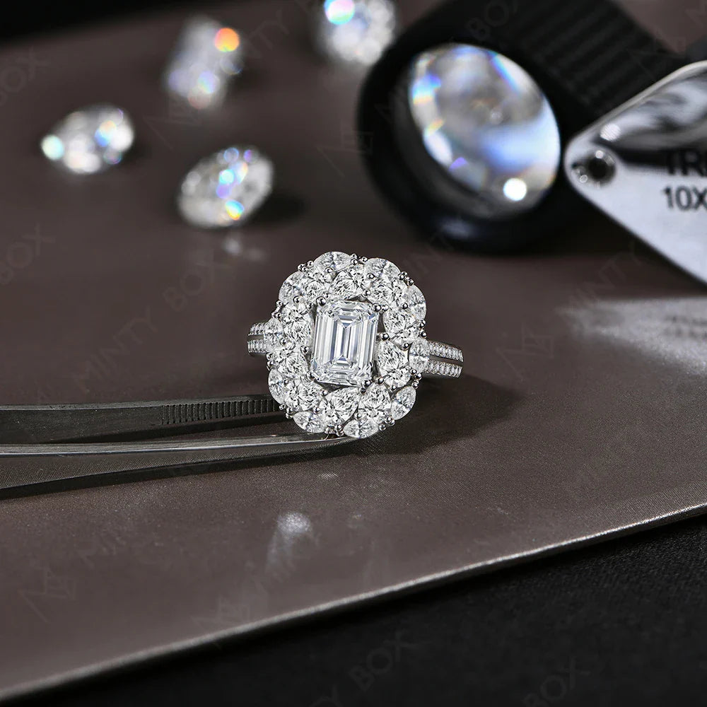 MINTYBOX 2.0ct Flower Design Halo Emerald Cut Engagement Ring Lab Diamond S925 Silver Moissanite Rings For Women 18K Gold Plated Vera Lux