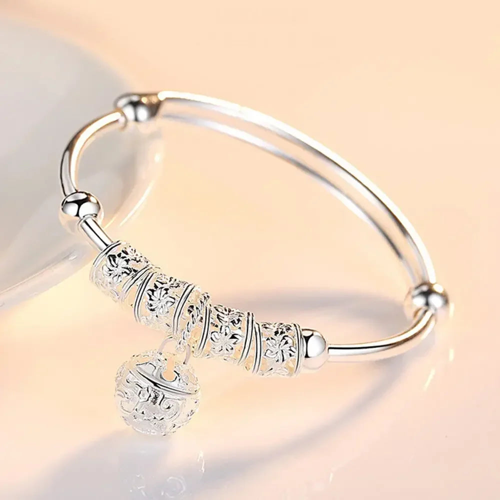 Fine 925 Sterling Silver hollow Bells ball bangles adjustable Bracelets for Women Fashion Holiday gifts Party wedding Jewelry Vera Lux