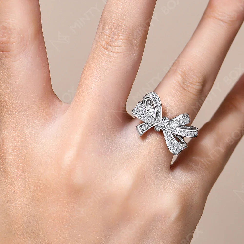 MINTYBOX S925 Sterling Silver Bowknot Lab Moissanite Engagement Ring for Women Luxury Diamond Rings Wedding Fine Jewelry Gift Vera Lux