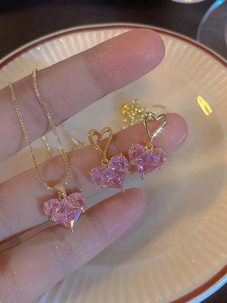 3pcs Trendy Y2k Heart-shaped Zircon Pink Crystal Pendant Earrings Necklaces Set for Women Heart Elegant Exquisite Party Jewelr Vera Lux