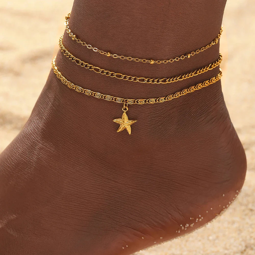 woiwoi Stainless Steel Anklet Starfish Triple Stacking Chain Light Luxury Fashion Elegant Ladies Anklet Jewelry Party  Match Vera Lux