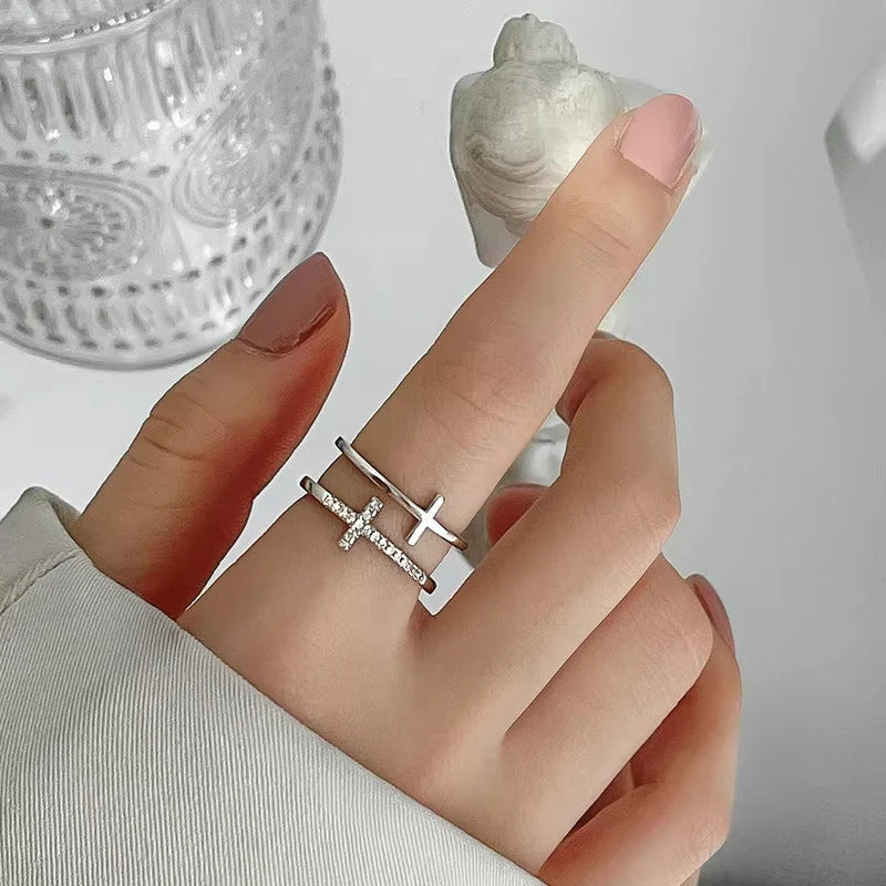 Fashion Double Layer Cross Open Ring For Women Minimalist Gold Silver Color Adjustable Finger Ring Female Party Wedding Jewelry Vera Lux