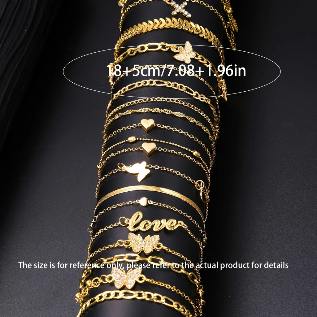 18Pcs Bohemian Summer Beach Anklet Set For Women Vintage Butterfly Heart Crystal Pendant Foot Bracelets Fashion Jewelry Gift New Vera Lux