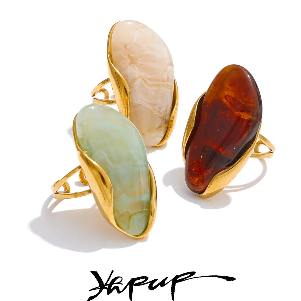 Yhpup New Design Brown Green Beige Resin Geometric Adjustable Ring Golden PVD Stainless Steel Rust Proof Finger Jewelry Gift Vera Lux