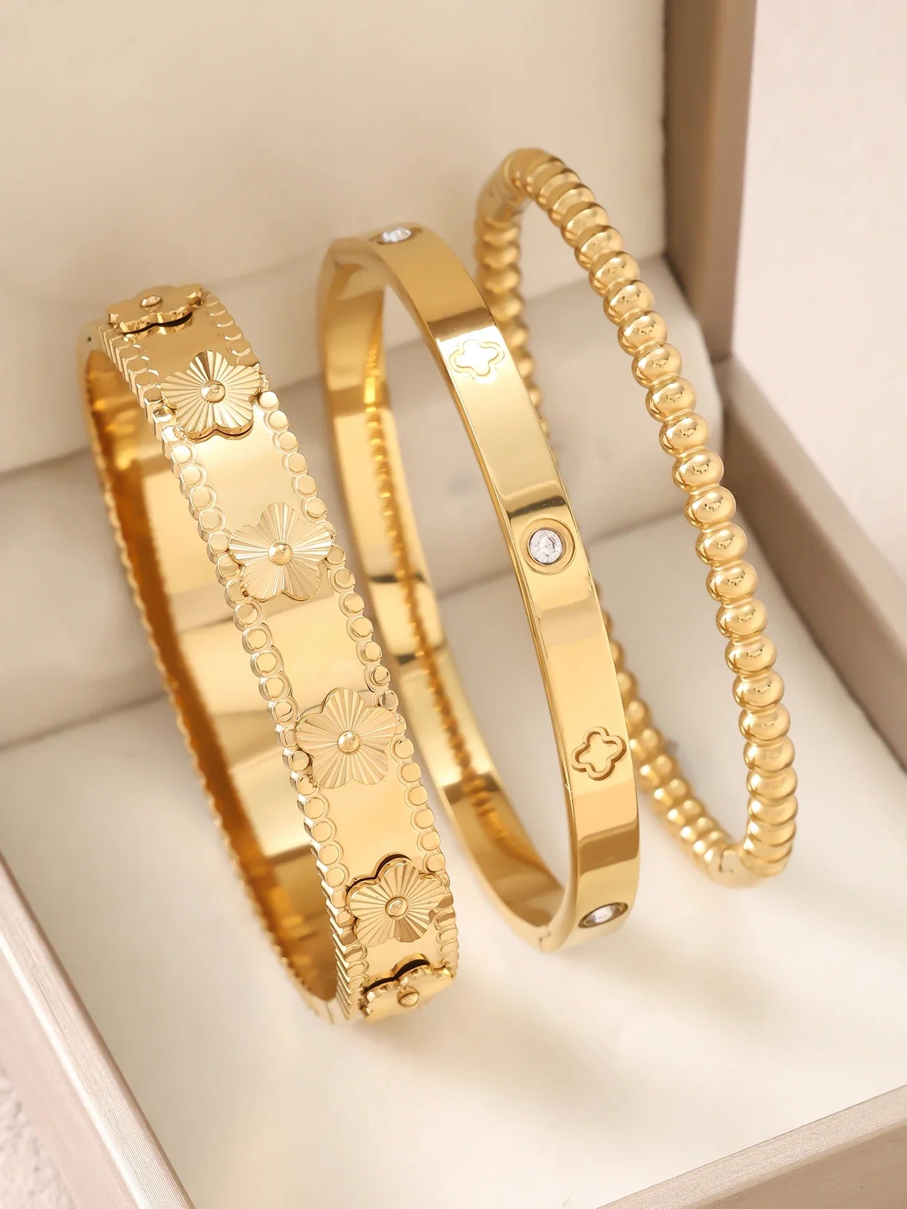 1pc 18K Gold Plated Stainless Steel Stackable Bracelet With Chain And Clover Design, Fashion Style For Women, Suitable For Casua Vera Lux