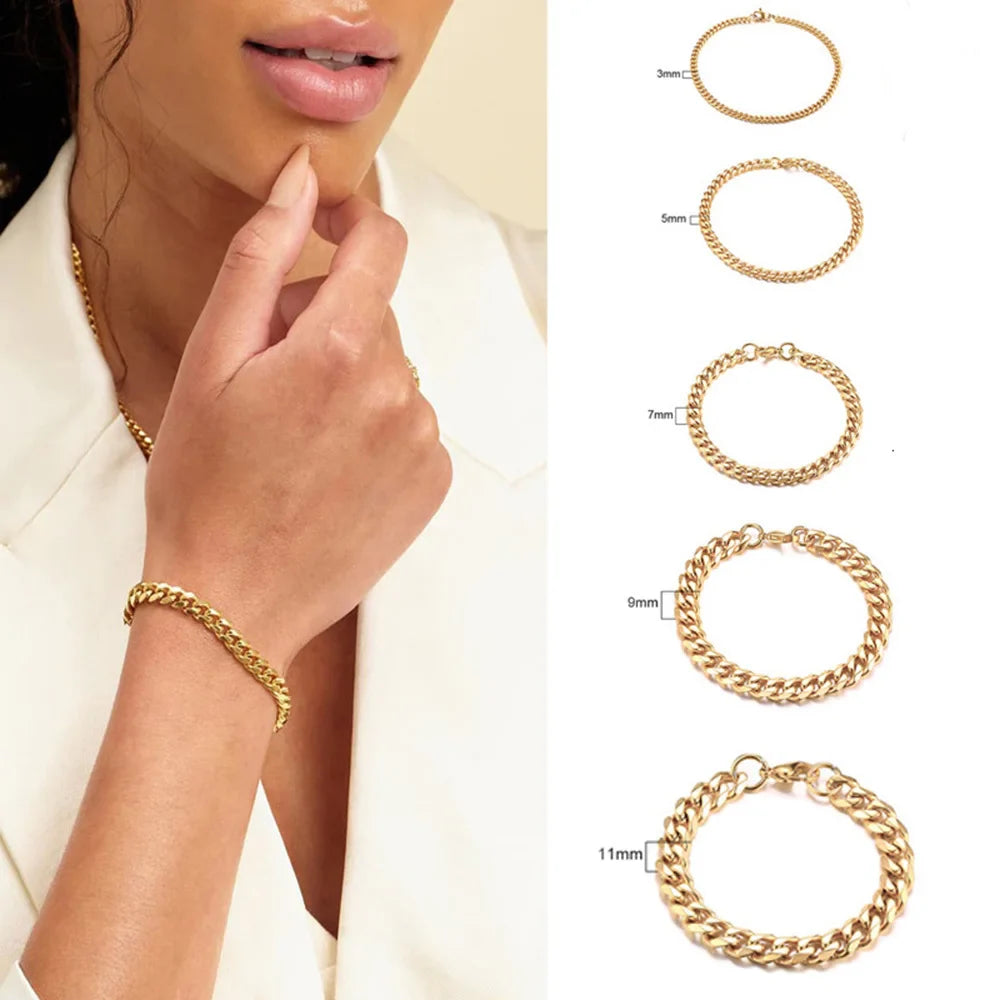 Stainless Steel Chain Bracelet Women, 3mm to 9mm Curb Cuban Chain Bangle Gold Color Unisex Wrist Stackable Jewelry Vera Lux