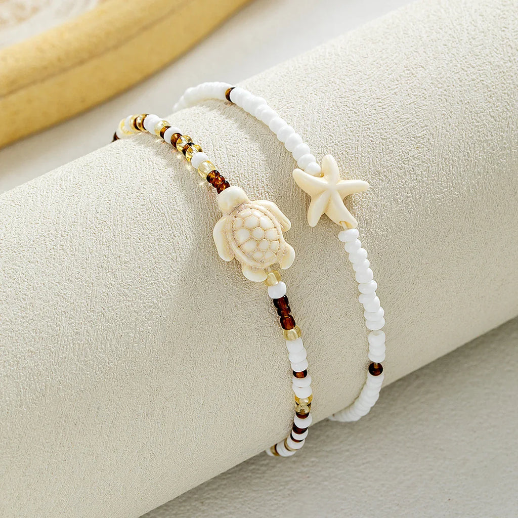 2 Bohemian style turquoise starfish turtle ankle chains, double-layer layered mixed color rice bead beach ankle chains Vera Lux