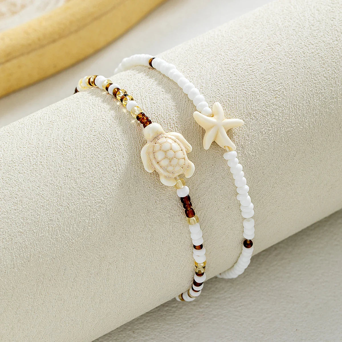 2 Bohemian style turquoise starfish turtle ankle chains, double-layer layered mixed color rice bead beach ankle chains Vera Lux