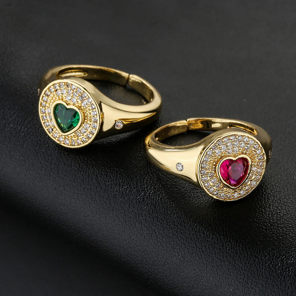 NEWBUY 2024 Hot Sale Red/Green CZ Zircon Heart Rings For Women Adjustable Gold Color Copper Wedding Jewelry Femme Bijoux Vera Lux