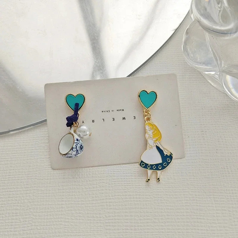 Carton Fairy Tale Princess Alice Asymmetry Earrings Imitation Pearl Blue Heart Dangle Earrings Cute Girls Enamel Earrings Vera Lux