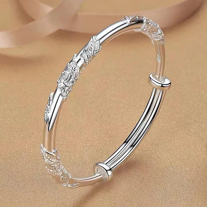 ALIZERO 925 Sterling Silver Full-blown Flowers Bangle Bracelet For Women's Delicate Open Adjustable Bracelets Fashion Jewelry Vera Lux