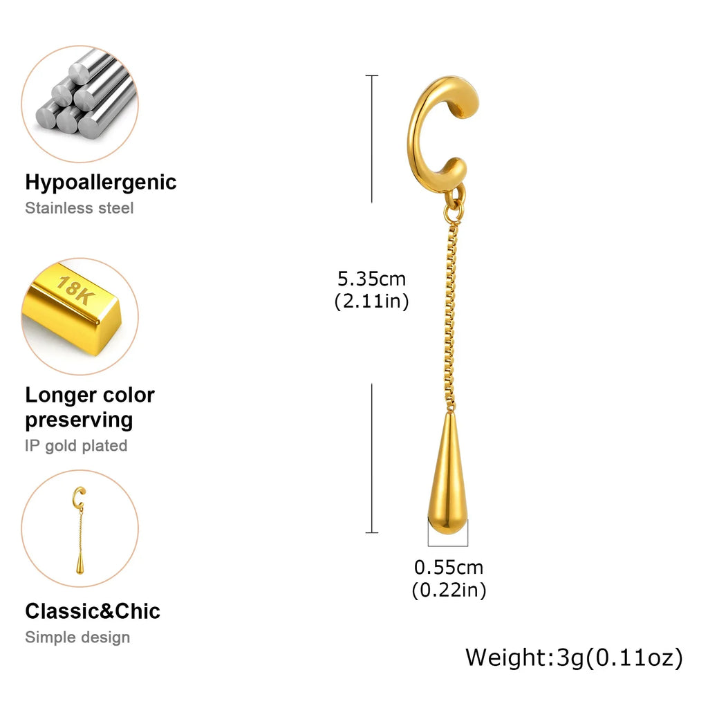 C-shaped Metal Teardrop Tassel Ear Cuff Clip Earrings for Women 1piece, No Piercings, Ear Cartilage Clips Vera Lux