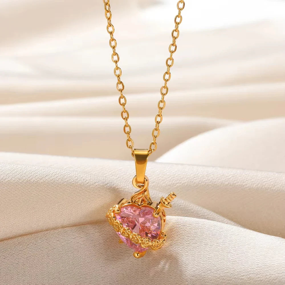Pink Heart Zircon Necklace Gold Color Stainless Steel Cupid Eros Arrow Heart Pendant Necklace Korean Fashion Jewelry Girls Party Vera Lux