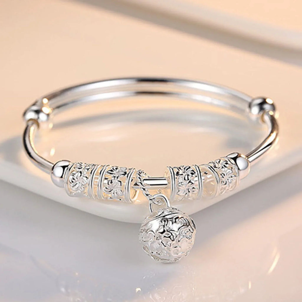 Fine Silver Color Hollow Bells Ball Bangles Adjustable Bracelets for Women Fashion Holiday Gifts Party Wedding Jewelry Vera Lux