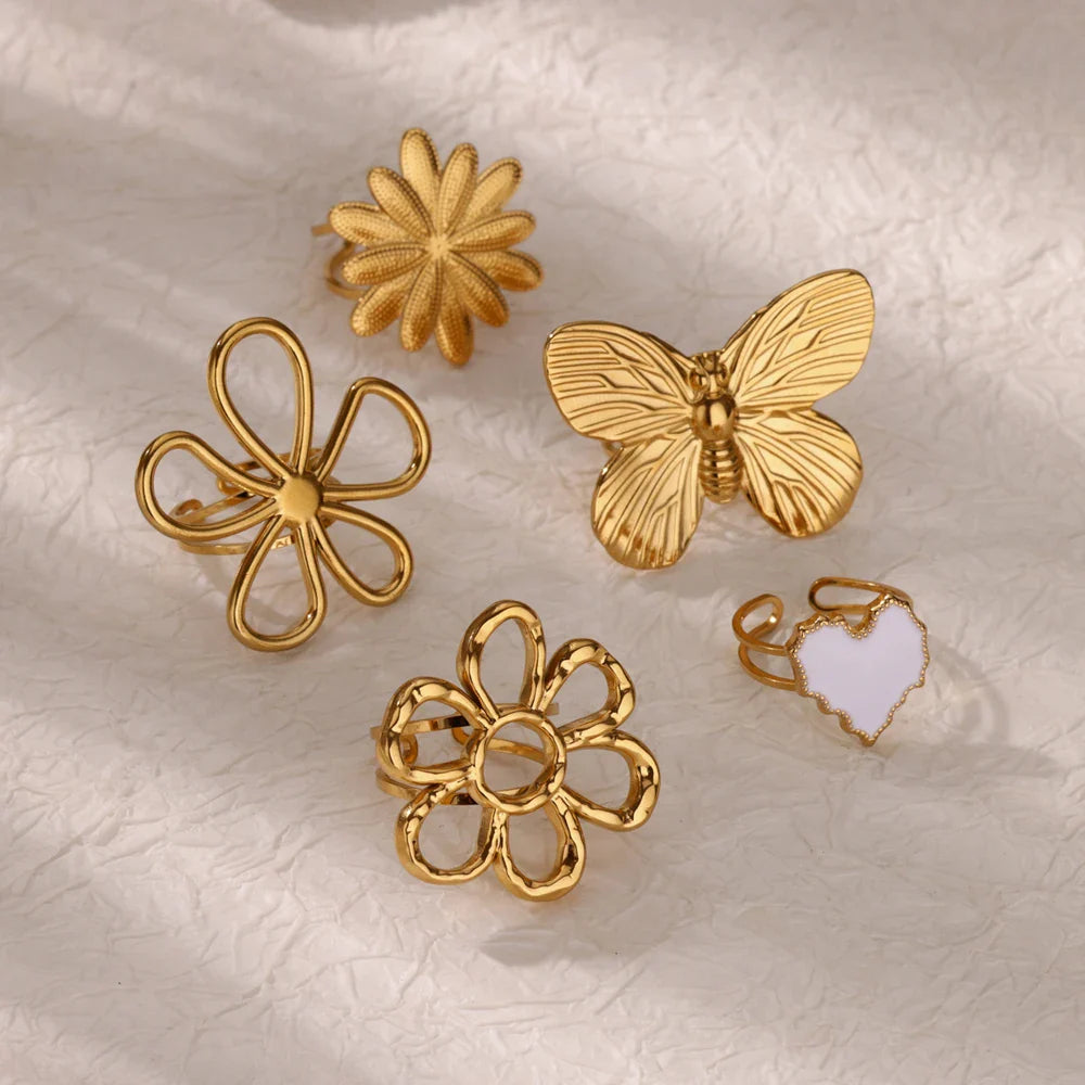 Stainless Steel Flower Big Open Rings For Women Gold Color Imitation Pearl Hollow Out Ring Trendy Aesthetic Jewerly Gifts Vera Lux