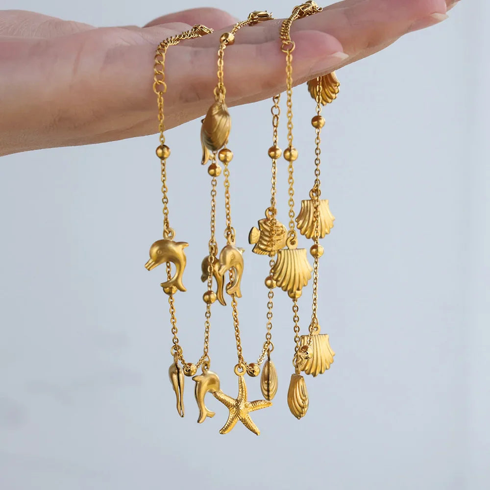 Summer Beach Stainless Steel Gold Color Chain Anklet For Women Starfish Shell Dolphin Fish Charm Ankle Bracelet Jewelry Gift Vera Lux