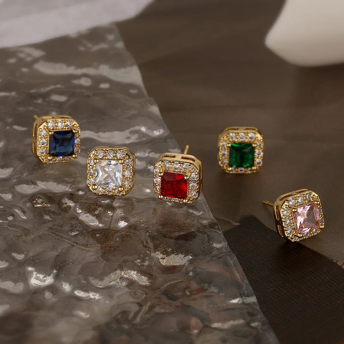 NEWBUY Red/White/Blue/Pink/Green 5 Colors Crystal Square Stud Earrings For Elegant Women Gold Color CZ Wedding Jewelry Vera Lux