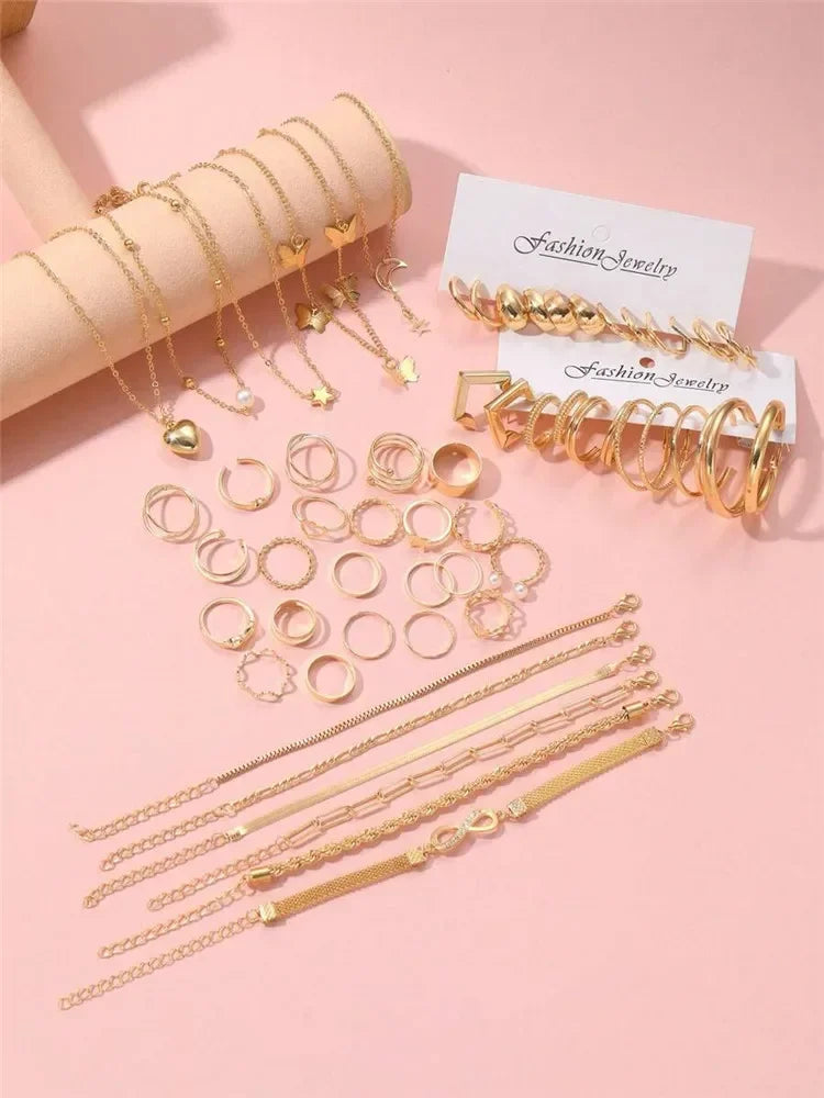 New 57 Pcs/Set Fashion Jewelry Sets For Women Metal Wide Face Earrings Necklaces Bracelets Ankles Rings Combinations Set Jewelry Vera Lux