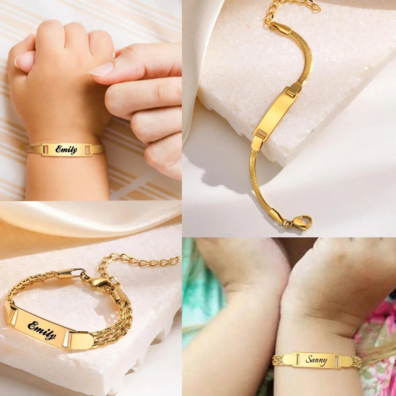 Personalized  Bracelet for Little Boy Girl,Stainless Steel Engraved Name Date  Son Daughter Mom Baptism Gift Vera Lux
