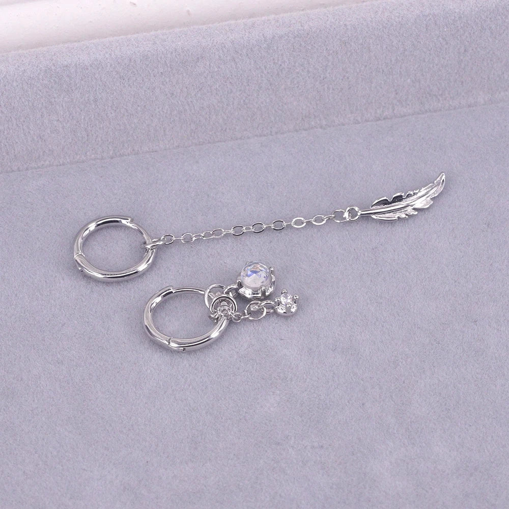 VENTFILLE 925 Sterling Silver Asymmetric Feather Earrings White Moonstone Pendant Earrings Ladies Gifts Handmade Jewelry Vera Lux