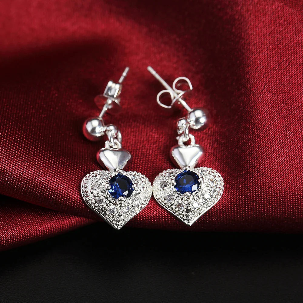 Hot Noble blue crystal heart 925 sterling Silver pendant necklace earring Jewelry sets for Woman classic fashion party fine gift Vera Lux