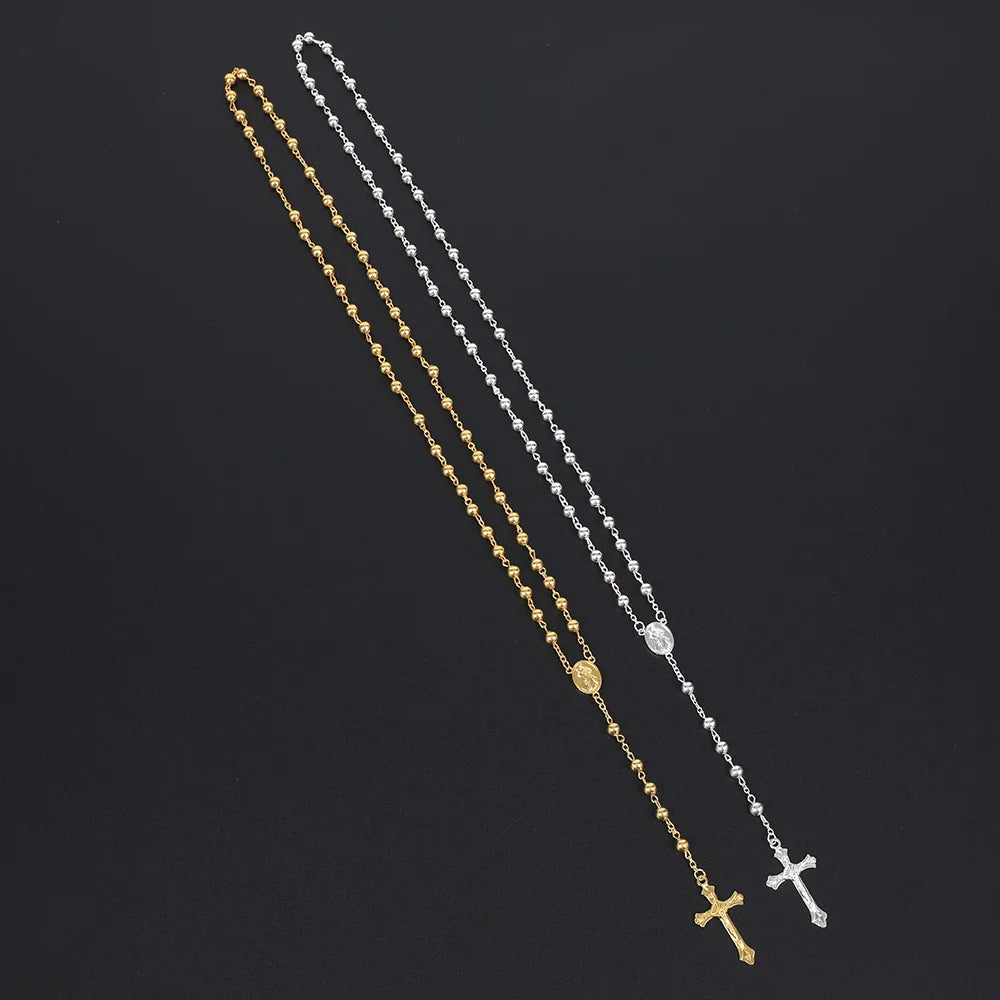 Gold Color Rosary Necklace For Women Men Long 6MM Beads Chain Crucifix Cross Pendant Religious Prayer Party Jewelry Gift Vera Lux
