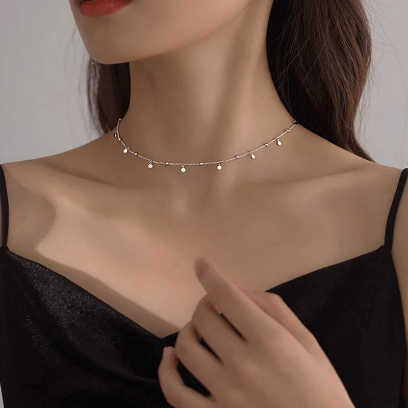 925 Sterling Silver Neck Chain Tassels Round Necklaces Women Jewelry Exquisite Elegant Aesthetic Charms Accessories Argent 925 Vera Lux