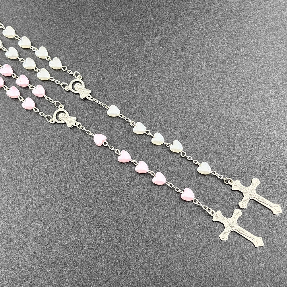 White Heart Rosary Necklace For Women Virgin Mary Cross INRI Pendant Long Chain Men Religion Prayer Party Jewelry Accessories Vera Lux