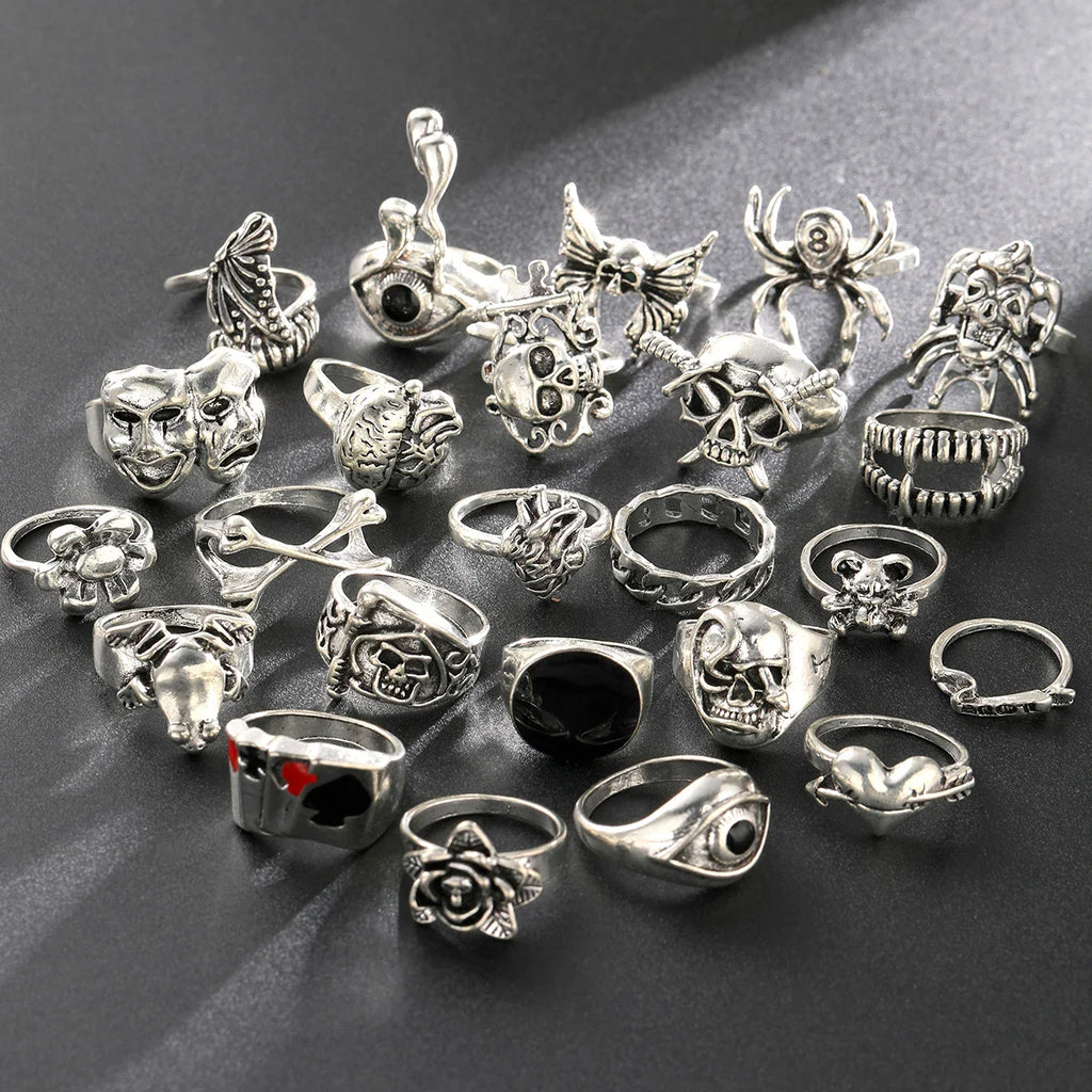24 Pcs Gothic Skeleton Unisex Ring Set Punk Grunge Butterfly Frog Woman Man Jewelry Hip Hop Party Street Ring Accessories Gift Vera Lux