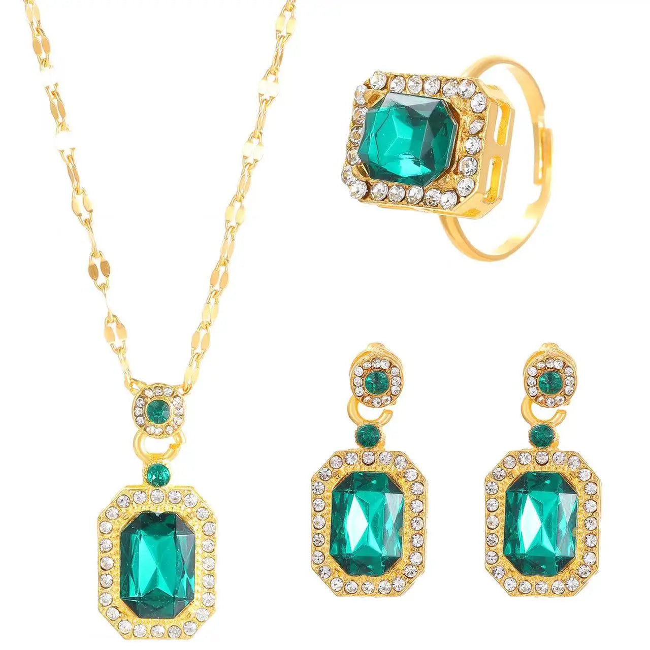 5 Piece Set Women Fashionable Temperament Circular Green Crystal Necklace Bracelet Earring Ring Combination Versatile Exquisite Vera Lux
