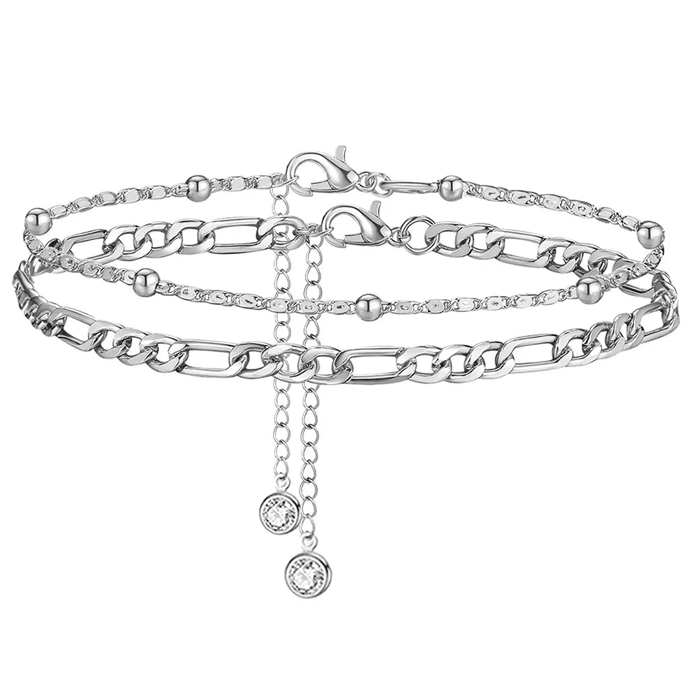 2Pcs Stainless Steel Anklet Set For Women Silver Color Ankle Bracelet Cuban Link Chain On Leg Foot Female Summer Beach Jewelry Vera Lux