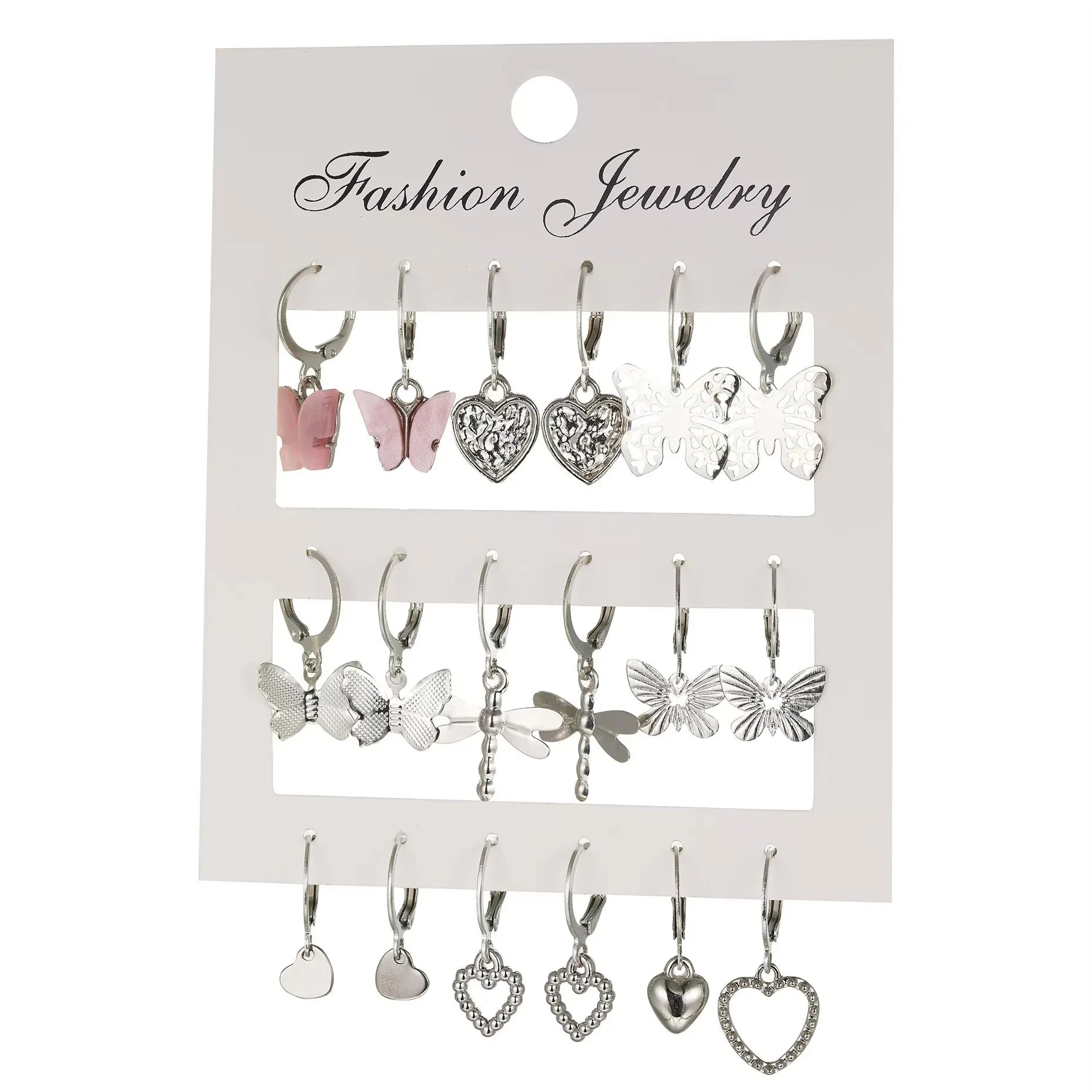 9 Pairs/ Set Exquisite Butterfly Heart Dragonfly Design Dangle Earrings Simple Vacation Style Delicate Holiday Earrings Vera Lux