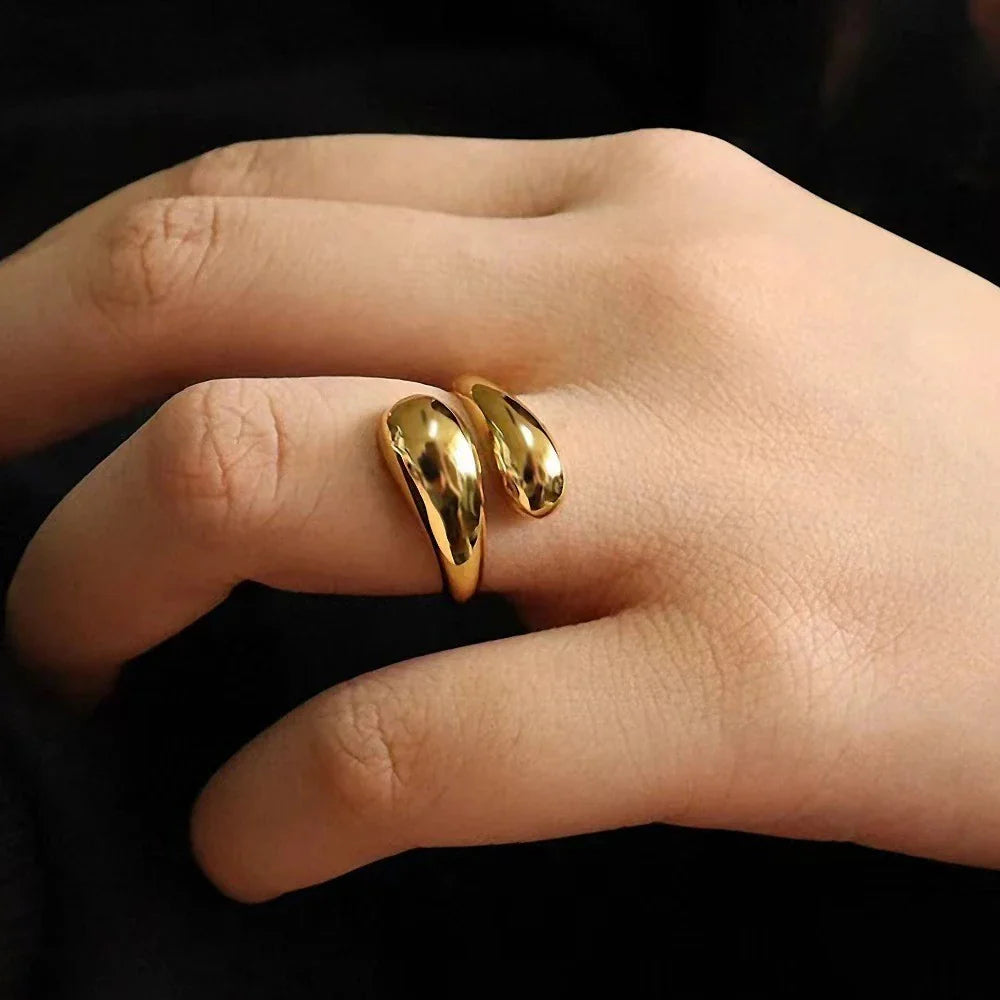 SUNIBI Double Opening Ring for Woman Golden Glossy Feather Design Ring 316 Stainless Steel Women's Fashion Jewelry Wholesale Vera Lux