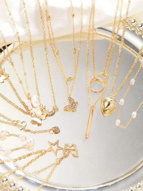 11 Pcs Women's Zircon Necklace Set Gold Color Fashion Love Heart Butterfly Pendant Hypoallergenic Neck Chain Boho Jewelry Gifts Vera Lux