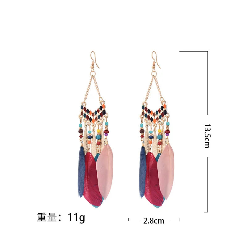 New Ethnic Feather Dangle Earrings For Women Bohemian Long Tassel Beads Drop Earring Girl Fashion Party Jewelry Accessories Vera Lux