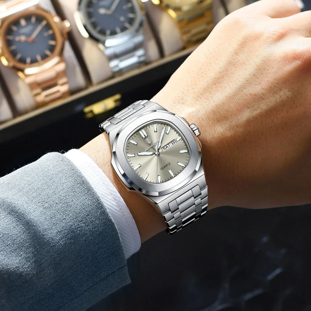 POEDAGAR Trendy Casual Wristwatch For Men Week Date Stainless Steel Man Watch Luminous Waterproof Luxury Quartz Men Watches+Box Vera Lux