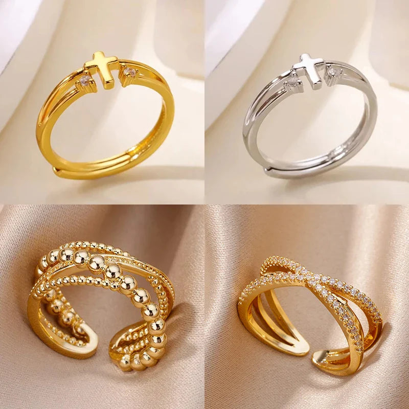 Zircon Cross Rings For Women Gold Color Stainless Steel Crystal Cross Adjustable Ring Religious Wedding Christmas Jewelry Gift Vera Lux