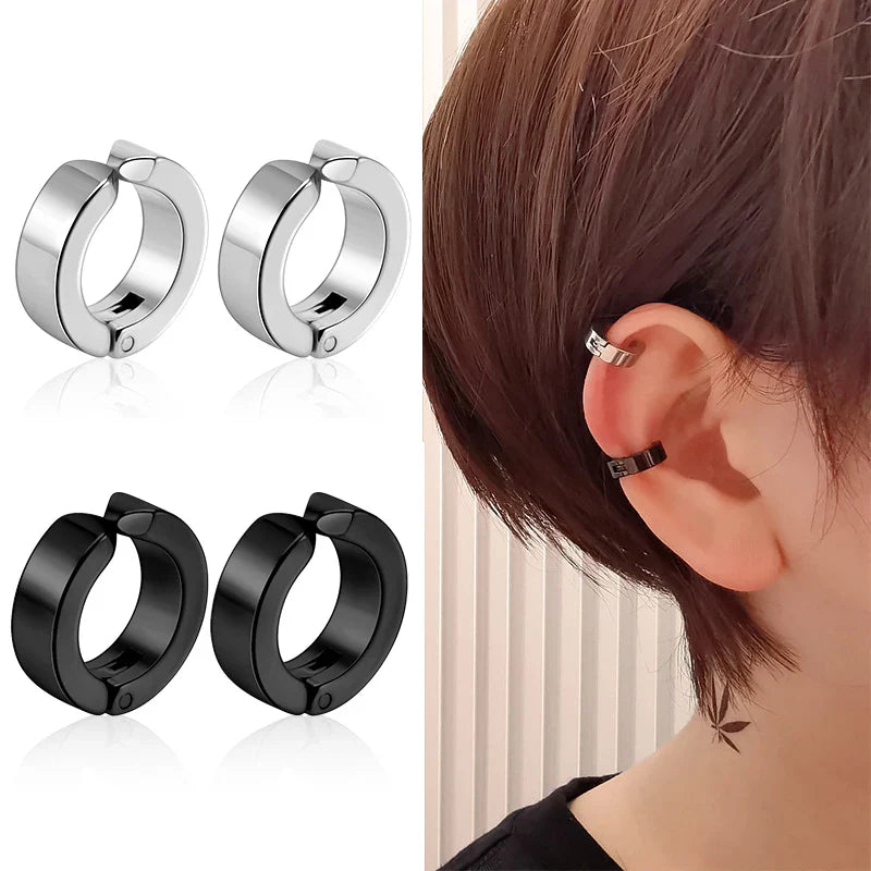 2 Pcs Classic Korean Punk Stainless Steel Ear Clip Earrings for Men Women Black No Pierced Fake Ear Circle New Pop Jewelry Vera Lux