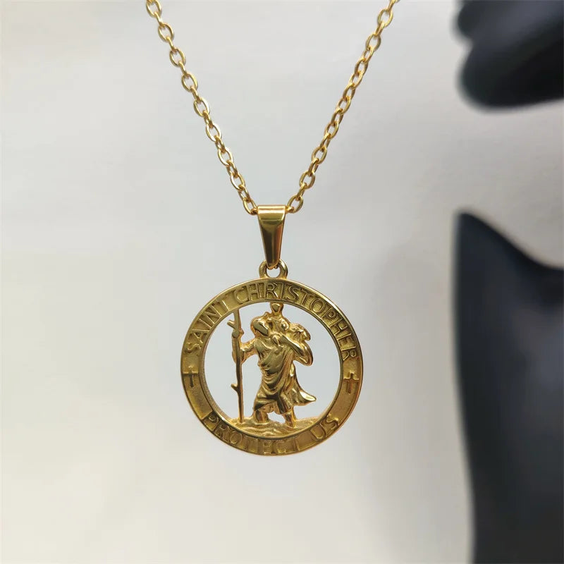 Hot Sale Religious 18K Gold Plated St.Christopher Necklace Stainless Steel Pendant Necklace For Men Women Jewelry Gift Vera Lux