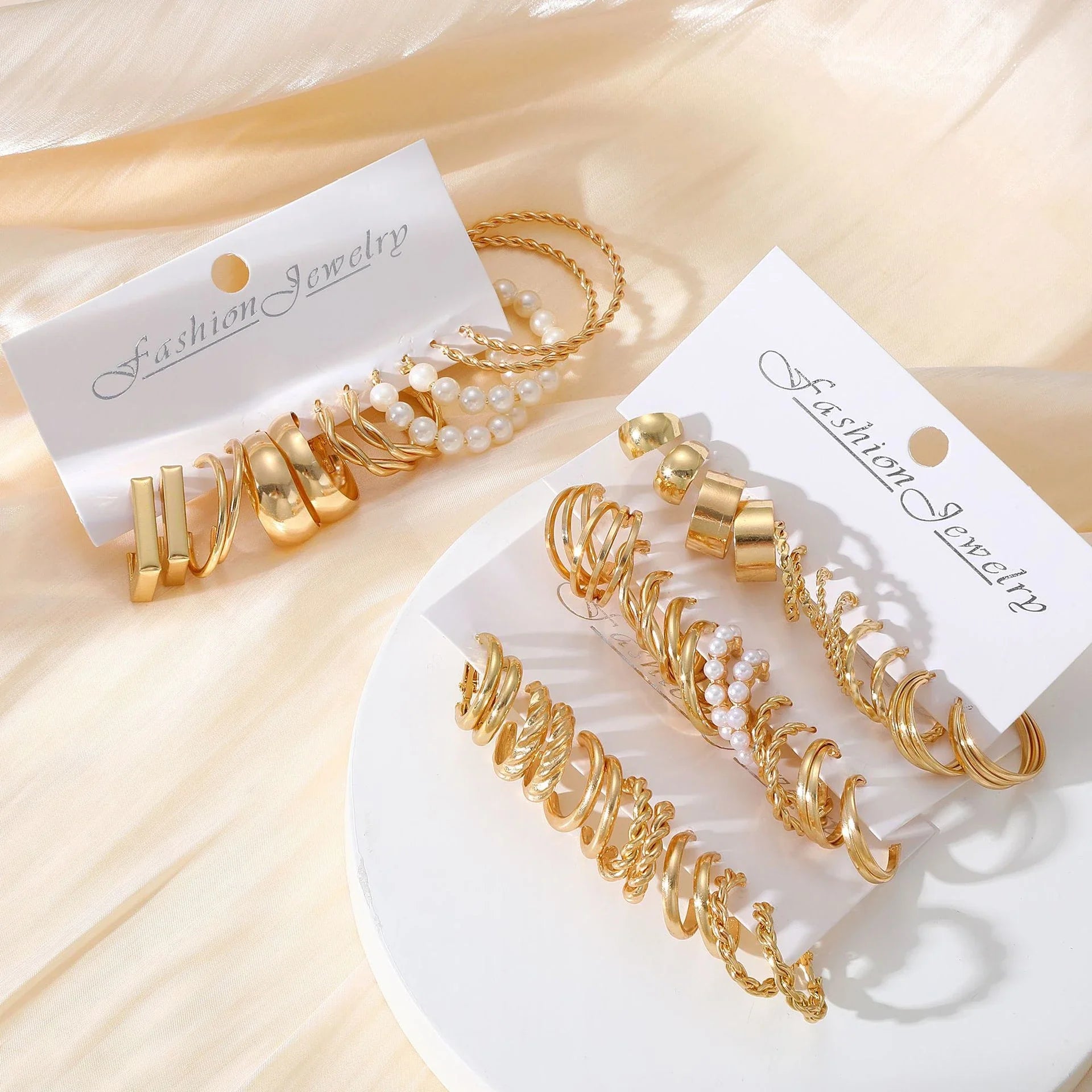 48 Pcs Boho Big Circle Hoop Earring Sets for Women Gold Color Bohemia Vintage Pearl Earring Heart Zircon Ear Studs Jewelry Gifts Vera Lux